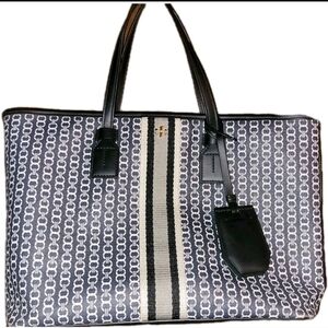 Tory Burch Gray Black White Gemini Link Tote Coated Canvas Top Zipper